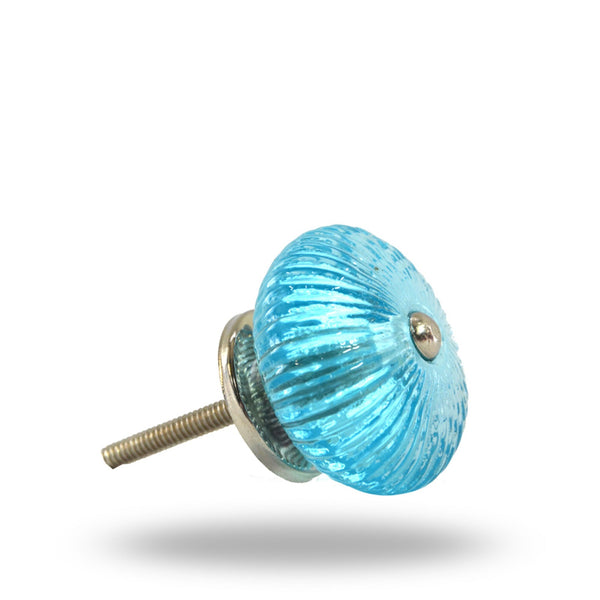 Ribbed Round Glass Cupboard Dresser Pull Set of 6 Blue