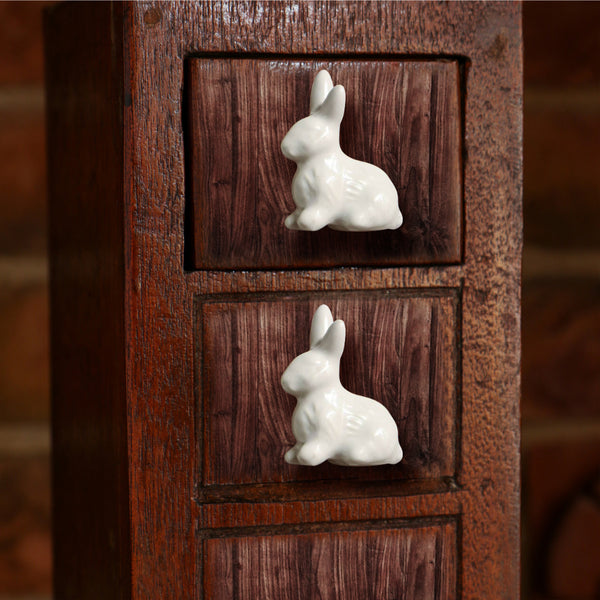 Set of Six Ceramic White Rabbit Knobs