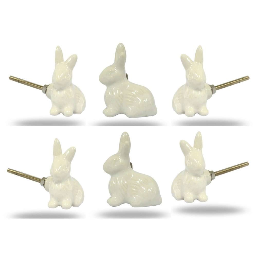 Set of Six Ceramic White Rabbit Knobs