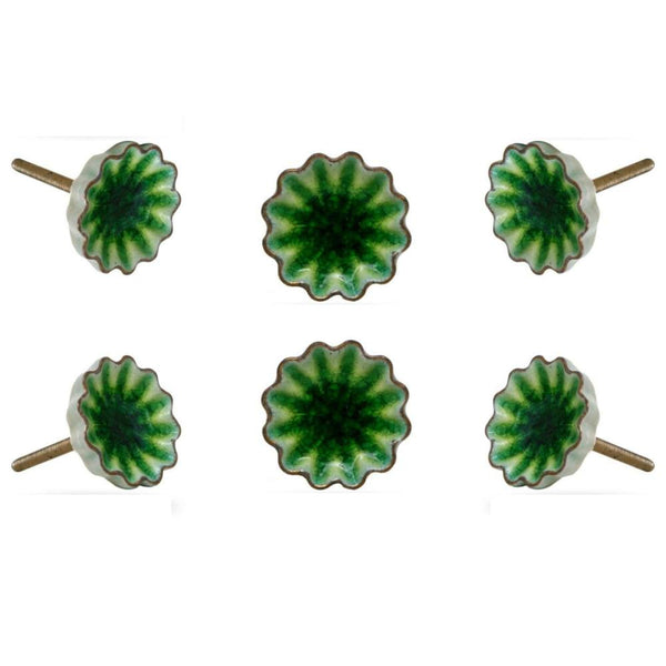 Set of Six Alice Ceramic Crackle Knobs Green