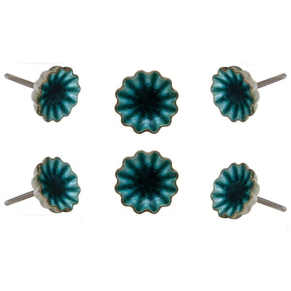 Set of Six Alice Ceramic Crackle Knobs Turquoise