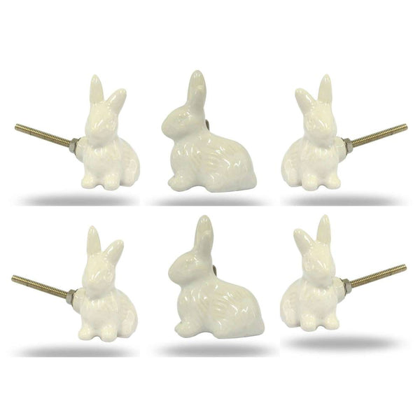 Set of One Ceramic White Rabbit Knobs