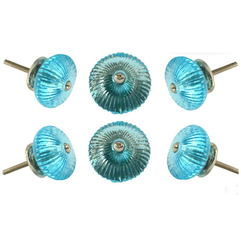 Ribbed Round Glass Cupboard Dresser Pull Set of 6 Blue