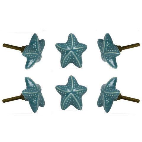 Set of Six Ceramic-Starfish Knobs in Turquoise
