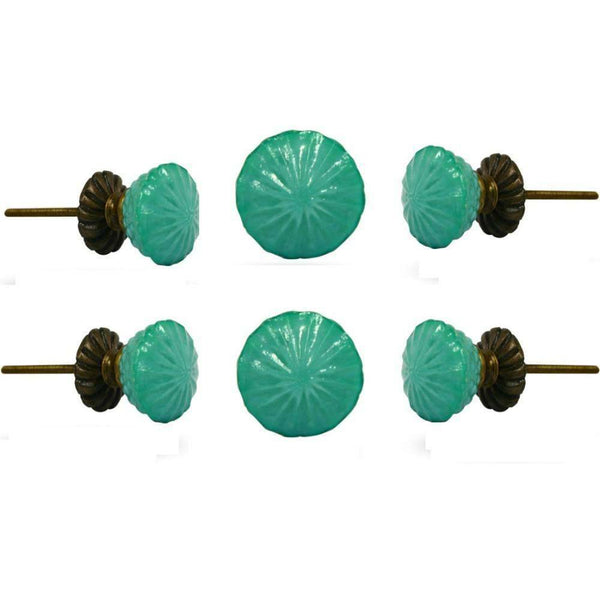 Set of Six Turquoise Milk Glass Fanfare Knobs with Brass Base Plate