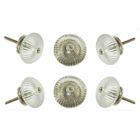 Set of Six Ribbed Glass Round Knob Multipack / Finish: Silver