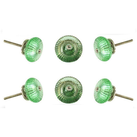 Set of Six Ribbed Glass Round Knob Multipack / Finish: Green