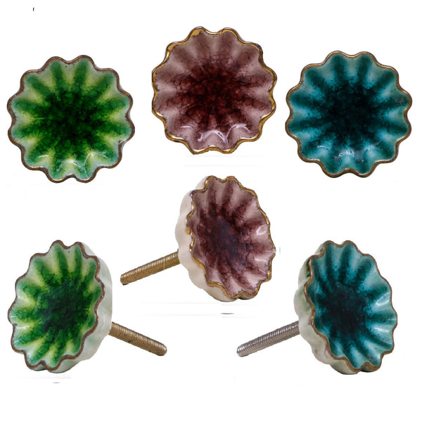 Set of Six Mixed Colour Alice Ceramic Crackle Knobs