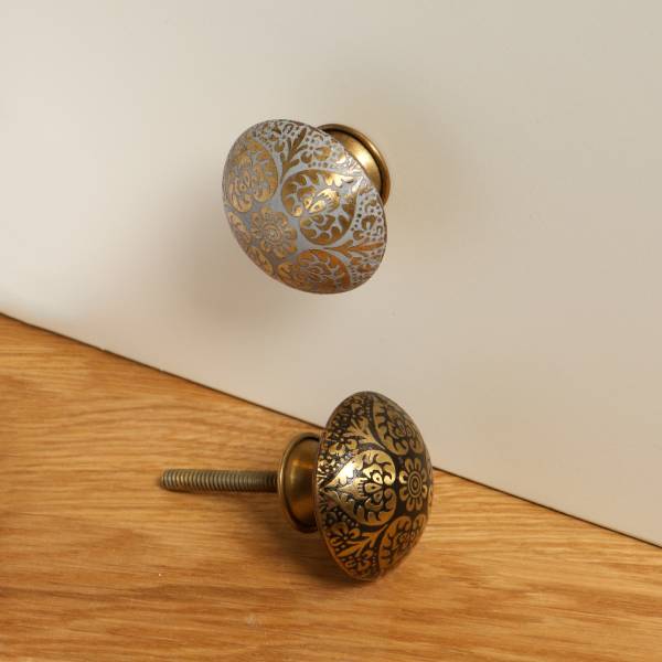 Metal Etched Mehndi Knob Grey Set of Six